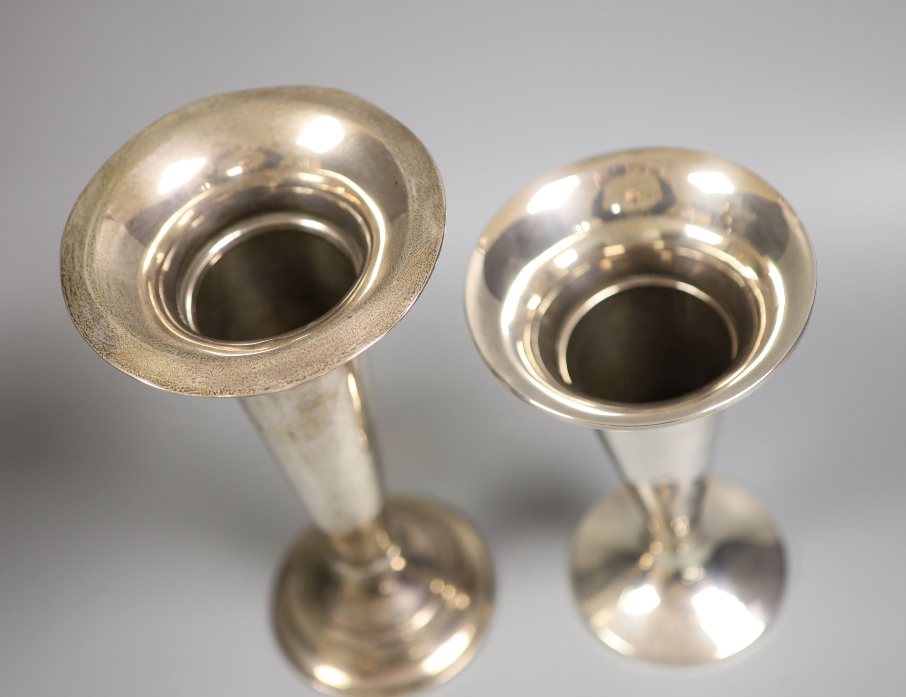 Two silver mounted trumpet shaped spill vases, largest 24.9cm, weighted.